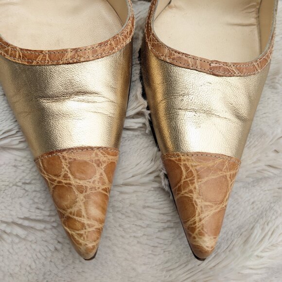 Vintage DOLCE & GABBANA Gold Leather Embossed Croc Trimmed Stiletto Pumps, Sz. 6 - Picture 9 of 16